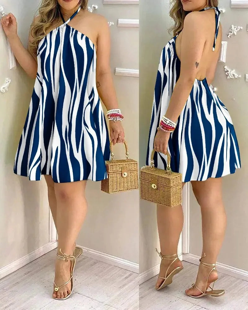 Women's 2026 Tropical Leaf Print Halter Neck Mini Dress Sleeveless Backless A-Line Summer Beach Sundress Casual