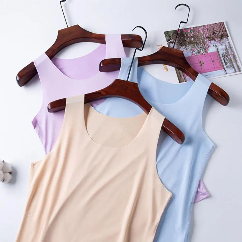 Women Bottoming Vest Ice Silk Seamless Sleeveless Pure Color Plus Size Stretchy Round Neck Dry Dry Cooling Camisole Basic Top 80