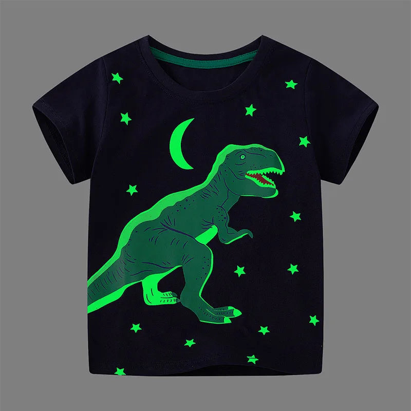 Boys Glow-in-the-Dark Dinosaur T-Shirt & Shorts Set – Cotton Summer Outfit, Ages 2–7