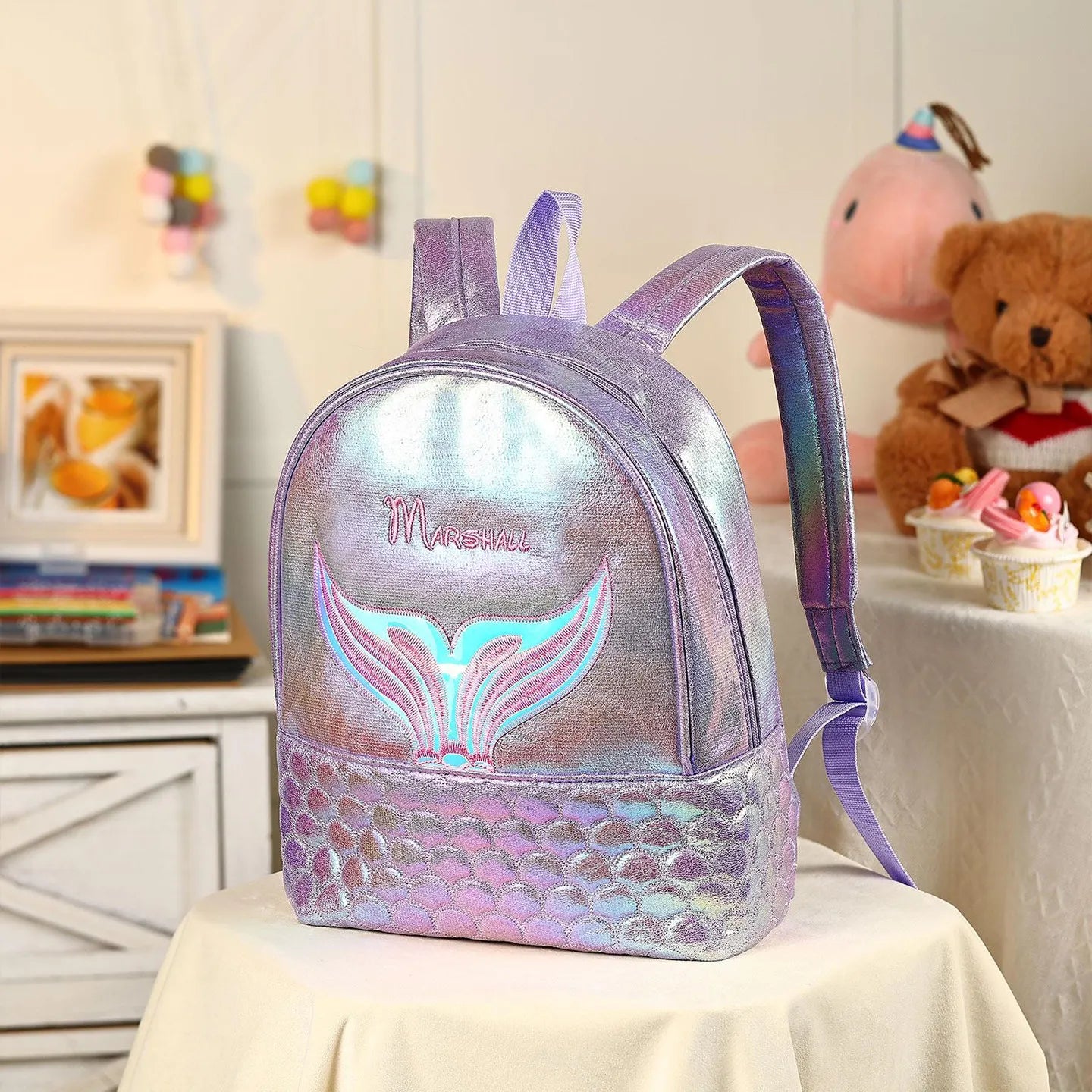 Iridescent Mermaid Tail PU Backpack for Girls  Custom Name Embroidery Adjustable Straps 6 Colors Lightweight School Bag