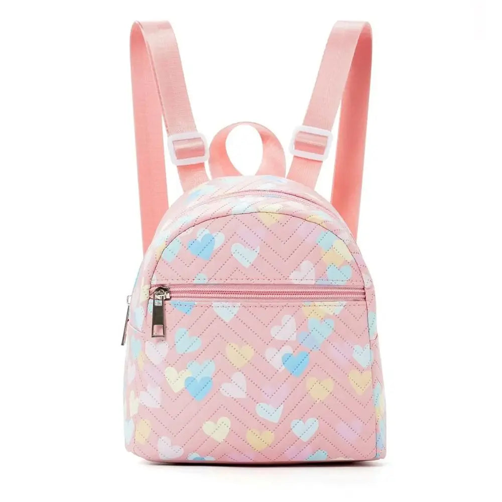 Cute Heart Print Mini Backpack PU Pink Small School Bag Large Capacity Quilted Backpack