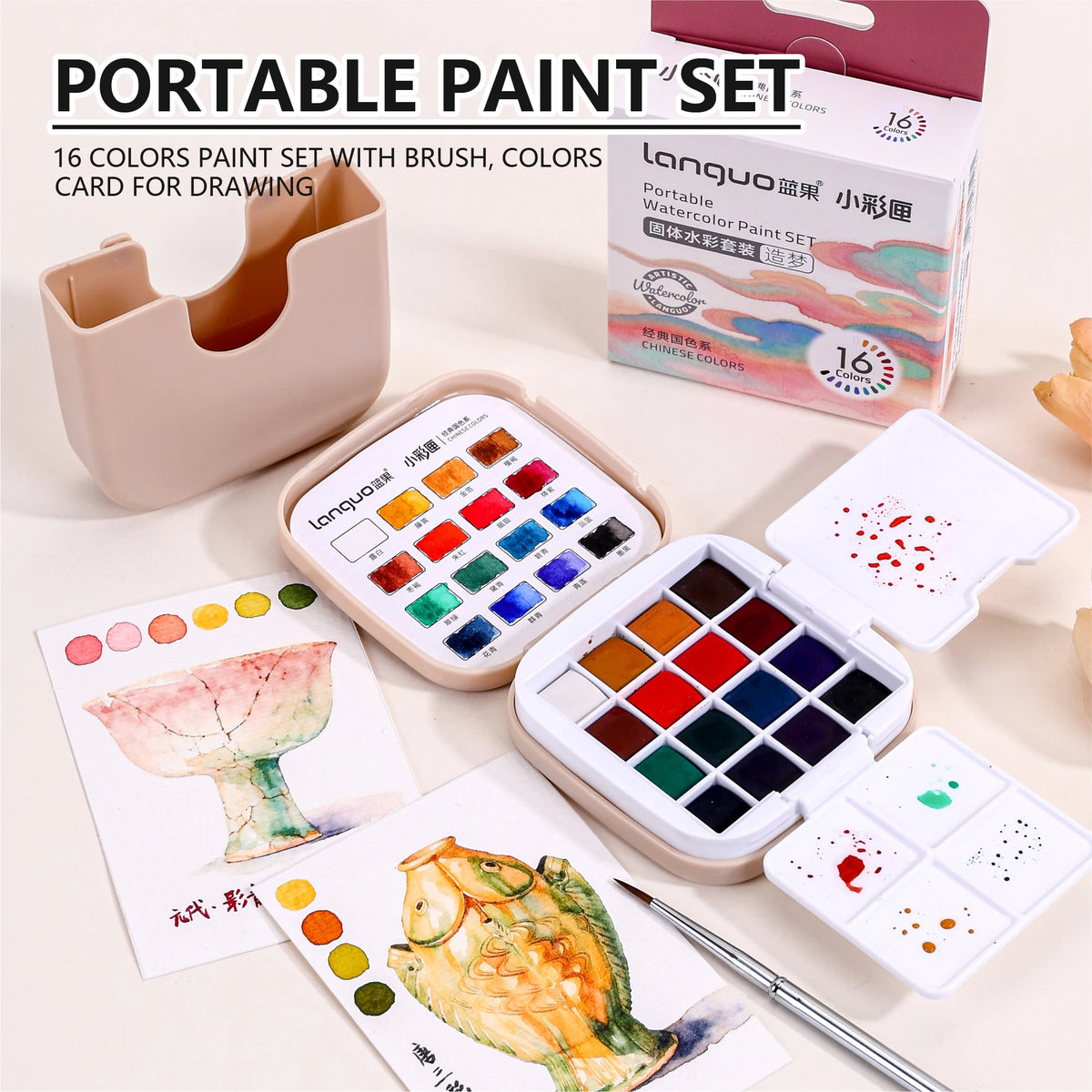 Mini Solid Watercolor Paint Set – 16 Colors with Brush & Palette for Travel