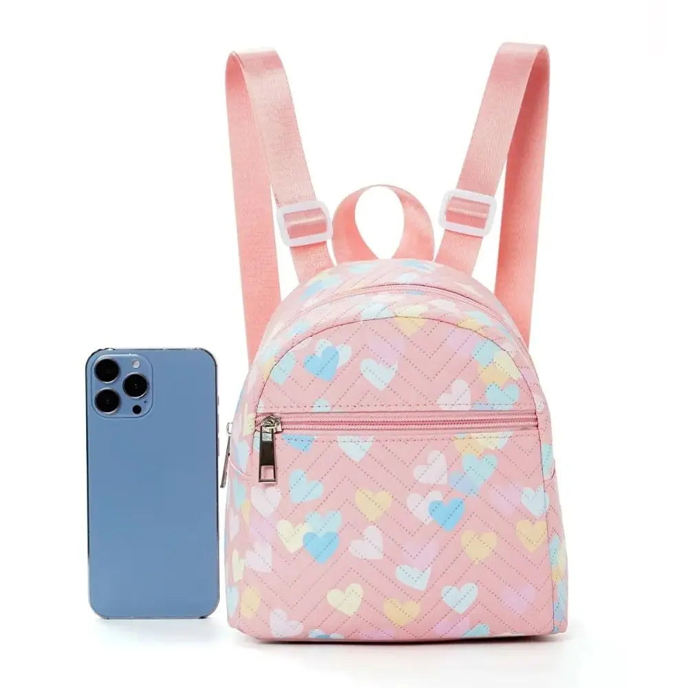Cute Heart Print Mini Backpack PU Pink Small School Bag Large Capacity Quilted Backpack
