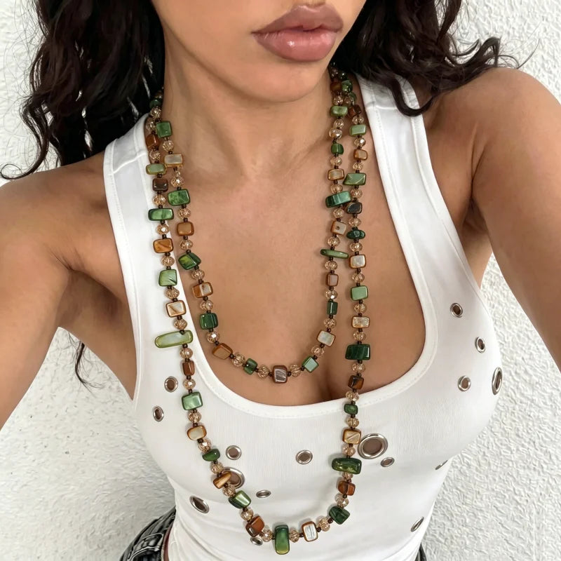 Bohemian Vintage Irregular Natural Stone Necklace for Women Handmade Crystal Beads Double Layer Long Sweater Chain Jewelry Gift
