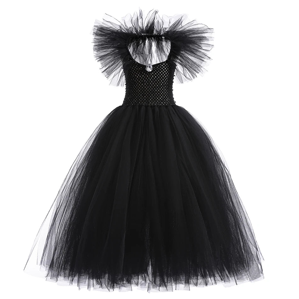 Girls Evil Witch Costume – Black Tulle Dress for Halloween & Fantasy Parties, Ages 2–12