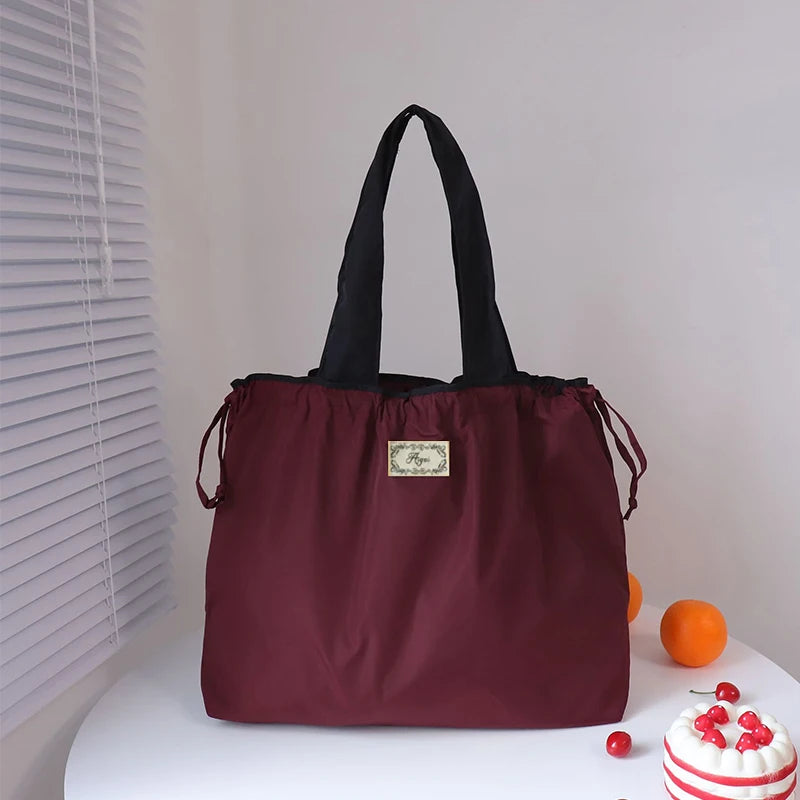 Large Capacity Reusable Shopping Bag Fashion Eco-Friendly Drawstring Grocery Bag Casual Travel Waterproof Shoulder Handbag
