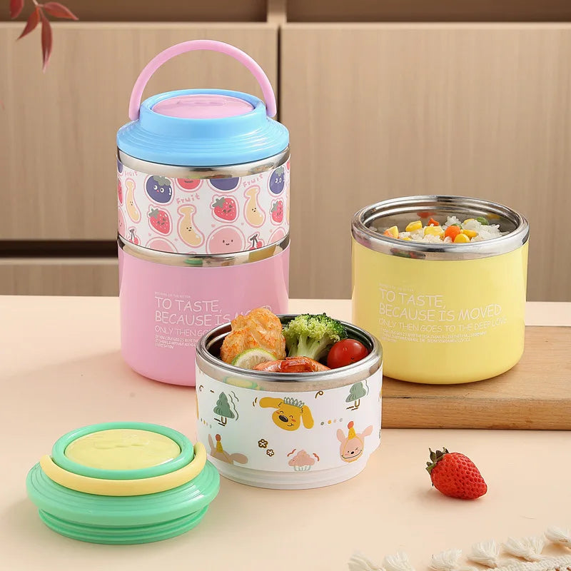 Thermos Bento Box Cartoon Pattern Double Layer Stainless Steel Lunch Box Office Workers Students Portable Thermos Food Container