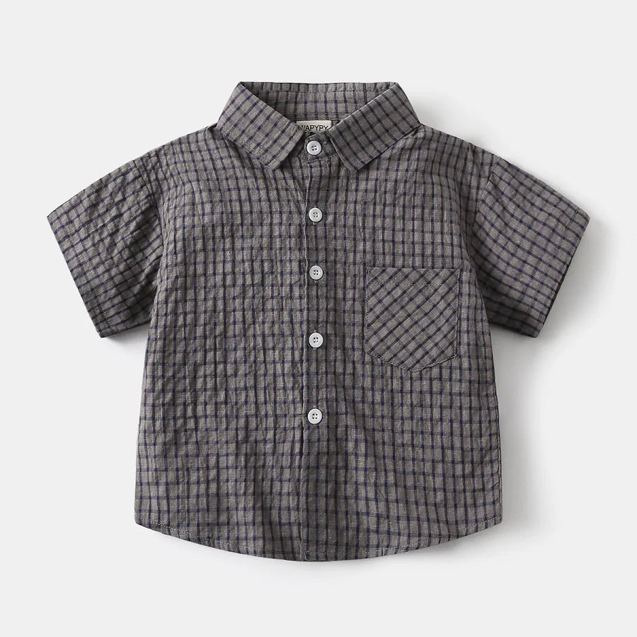 2026 Summer 2-6Y Childrens Clothes Turn-down Collar Bubble Plaid Boys Shirt with Chest Pocket Single-row Buttons