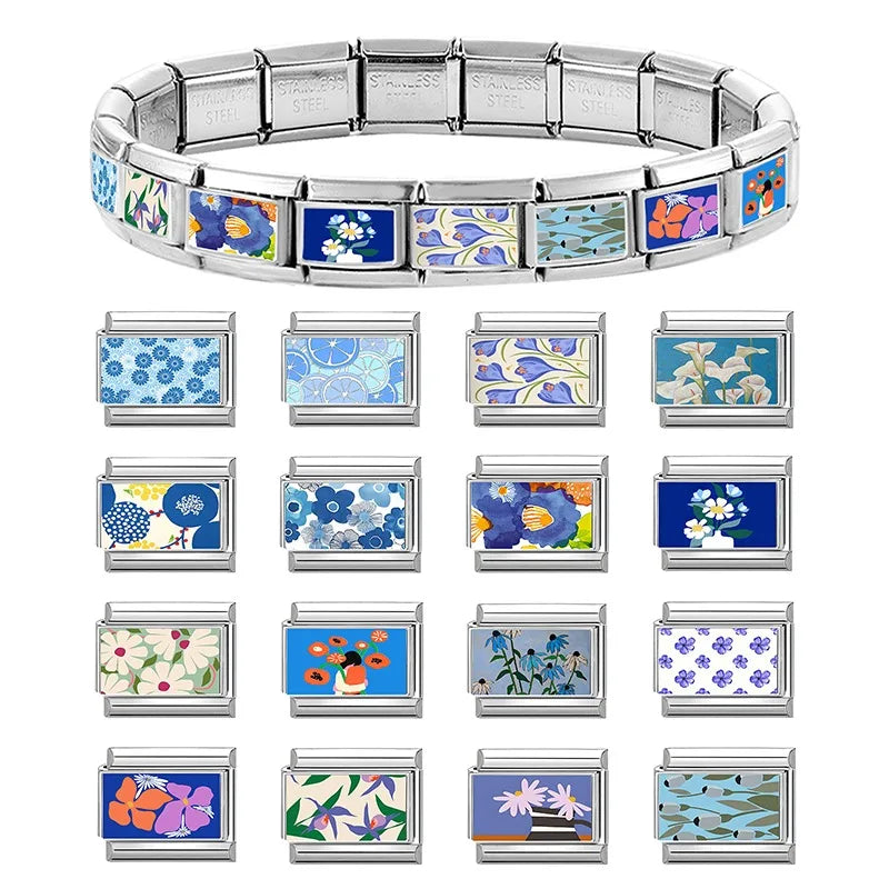 Wholesale Blue Series Beautiful Blue Flowers Italian Charms Fit 9mm Stainless Steel Women Fashion Bracelet DIY Jewelry Gifts