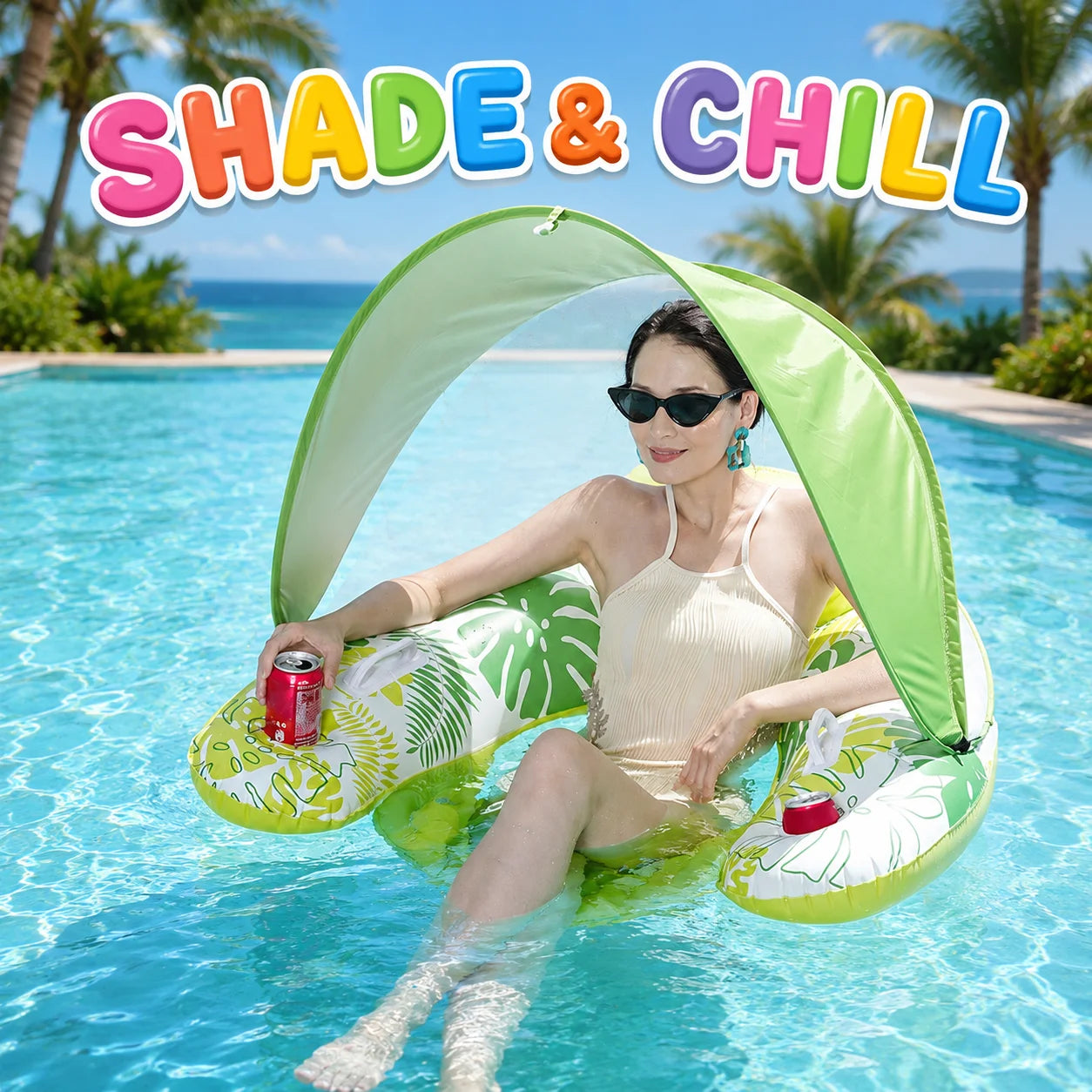 Inflatable Pool Floats Chair with Canopy, Adult Swimming Pool Lounger, Sun Shade Floating Raft Cup Holder for Beach Lake Summer
