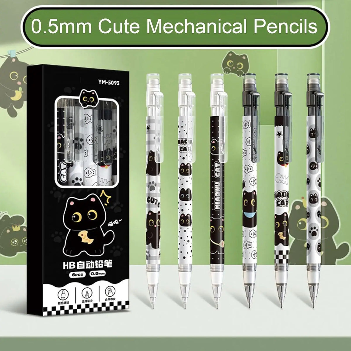 6pc Cute automatic pencil with eraser, 0.5mm lead, featuring a cartoon black cat design, suitable for students, boys, and women.