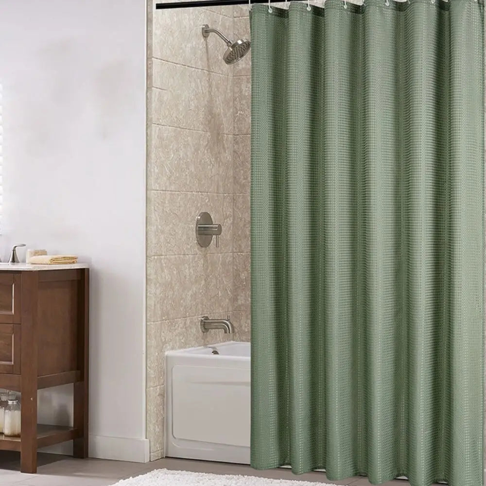 Waterproof Plain Waffle Shower Curtain Mildew-proof Solid Color Shading Curtain Polyester with Hooks Bathroom Partition Curtain