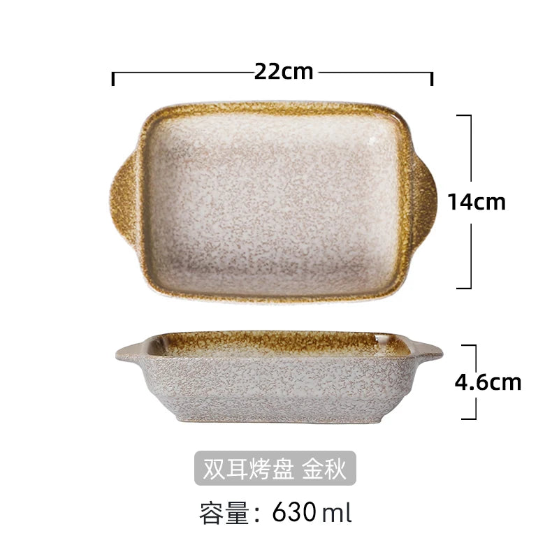 Japanese Tableware Binaural Baking Tray Ceramic Cheese Baked Rice Baking Bowl Oven Special Utensils with Tray Rectangular Plate