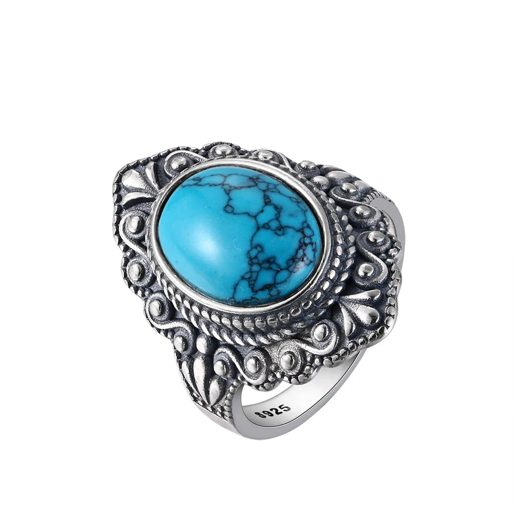 S925 Silver Oval Natural Turquoise Rings for Men Women Silver Fine Jewelry