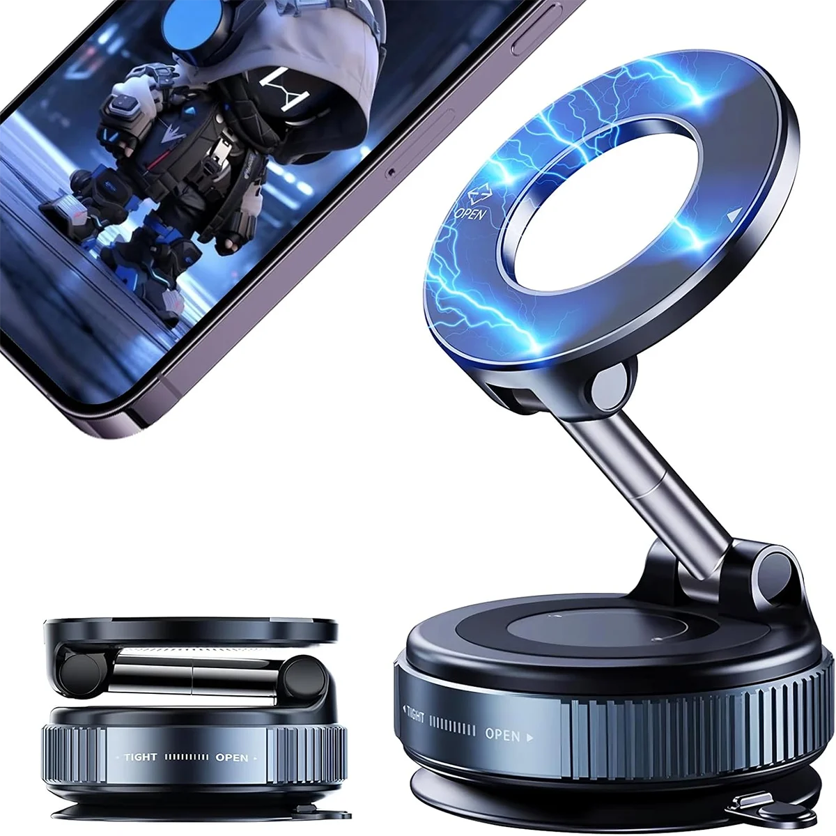 Car Mount Vacuum Magnetic Holder Foldable Strong Suction Stand For Cell Phone For phone with Magnetic sheet and Live Streaming
