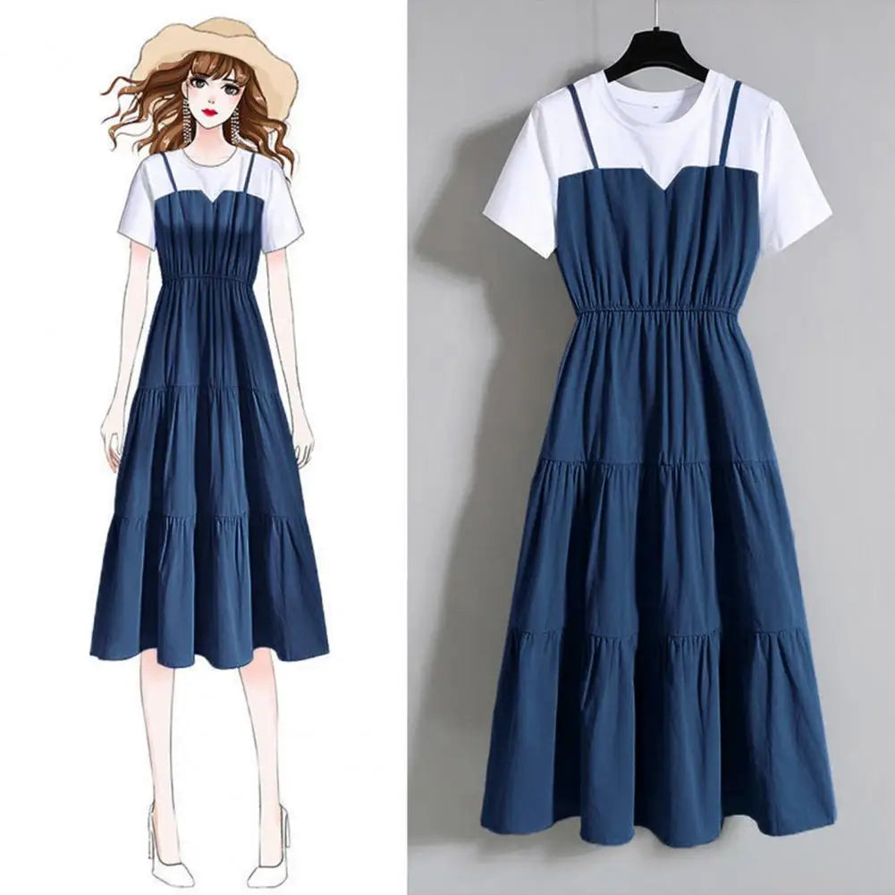 2024 Fashion Strap Fake Two piece Dress Block Summer Short sleeved Dress Women's Waist Tight Dress