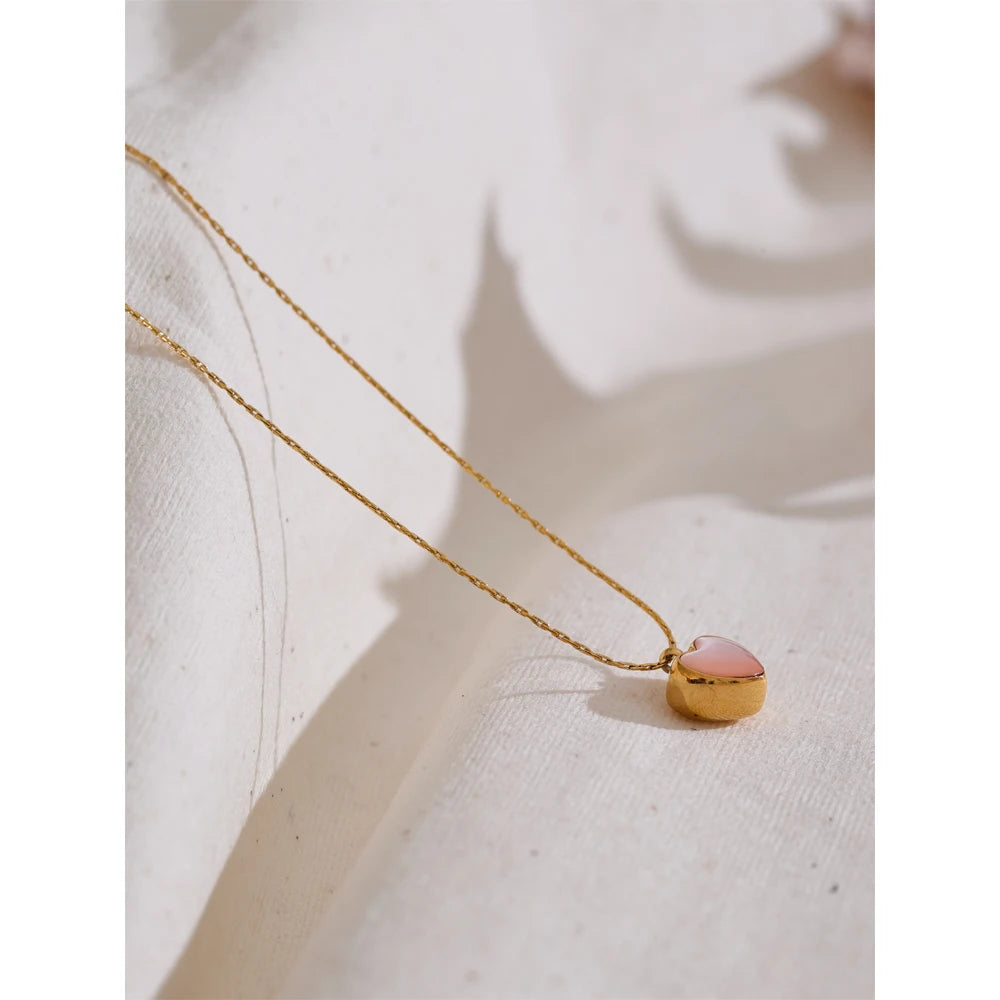 Yhpup Valentine's Day Gift Pink Shell Heart Thick Necklace Pendant Stainless Steel Cute Charm Exquisite Jewelry New