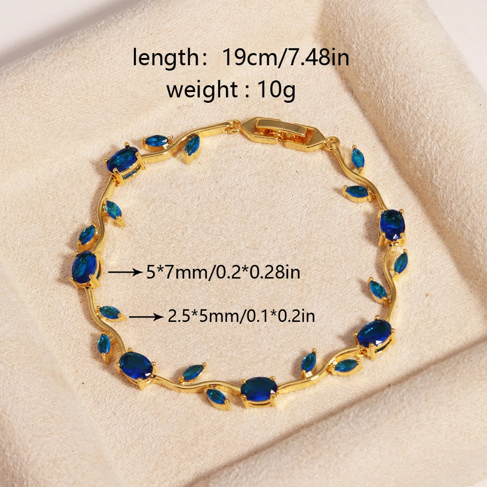 Natural Royal Women Jewelry Silver Color Dark Blue CZ Crystal Leaf Chain Link Bracelets and Bangles for Party Gift