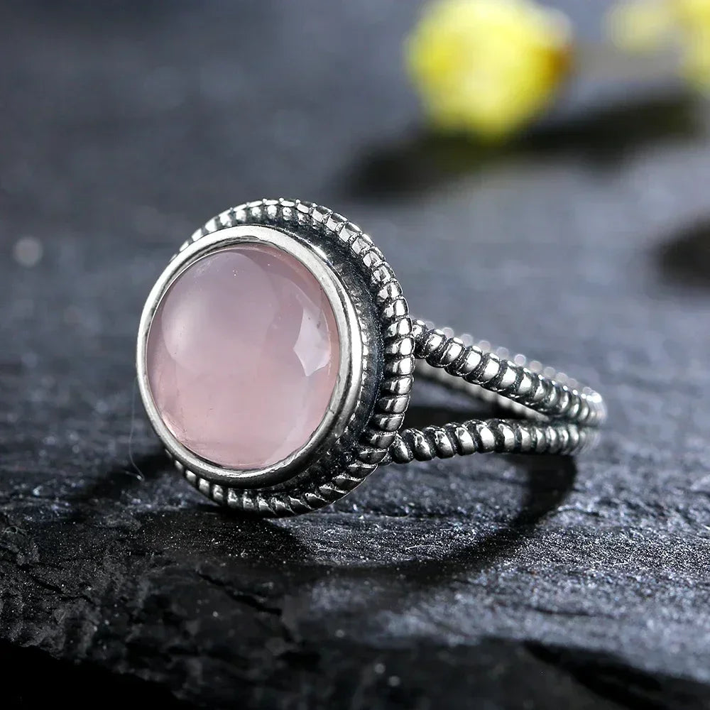 S925 Sterling SilverRing for Women Oval Round Natural Rose Quartz Ring Gift Sun Shaped Retro Luxury Fashion Fine Jewelry
