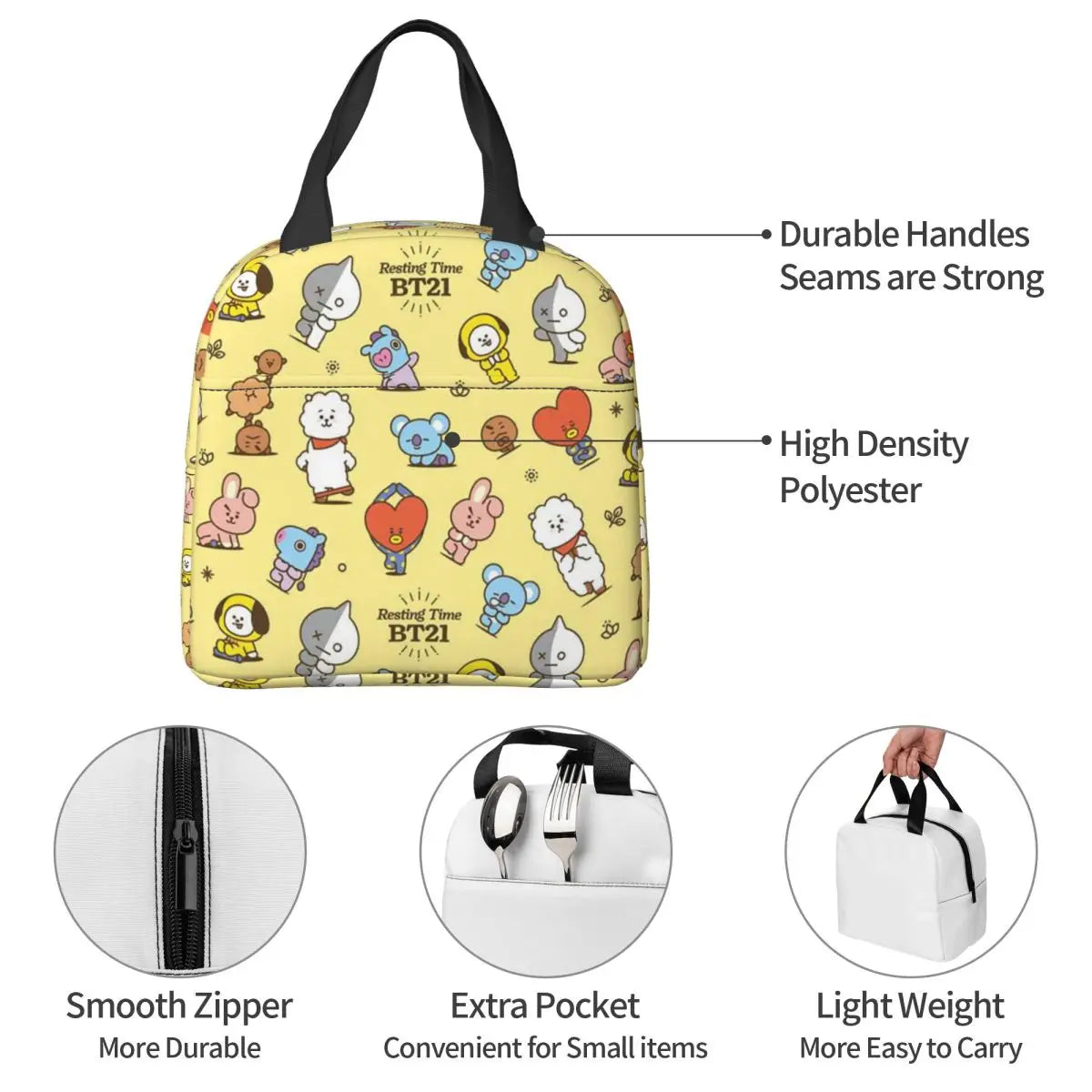 Cute Cartoon BT21 Insulated Lunch Bag for Women Kids Leakproof Food Boxes Thermal Lunch Box Tote