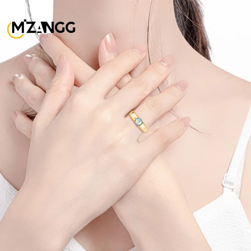 Natural Jadeite Blue Water S925 Silver Inlaid Egg Face Ring Fashion Luxury Glamour Women's Adjustable Jewelry