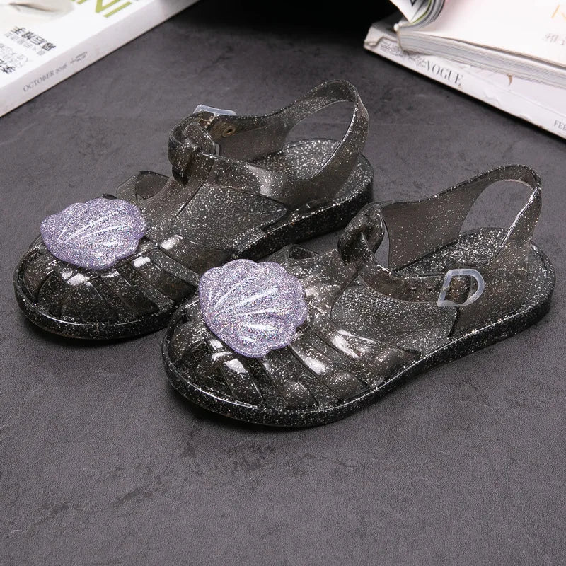 Summer Children Closed-Toe Beach Soft Sole Non-Slip Kids Hollow Casual Shoes Jelly Crystal Girls Casual Roman Princess Sandals