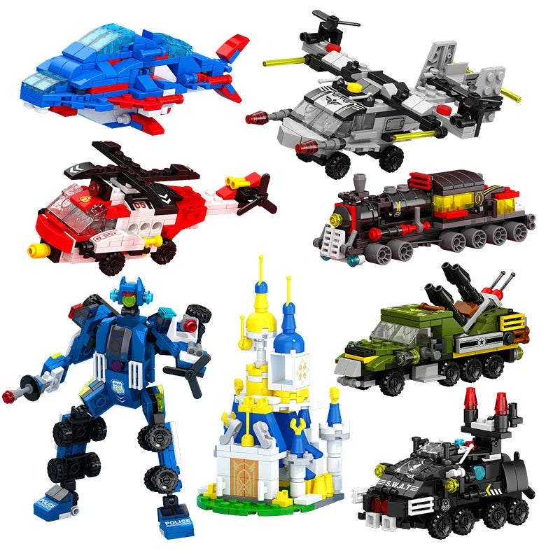 NEW DIY 6in1 Train Track Robot Helicopter Vehicle Building Blocks Kit Girls Bricks Movie Model Toy