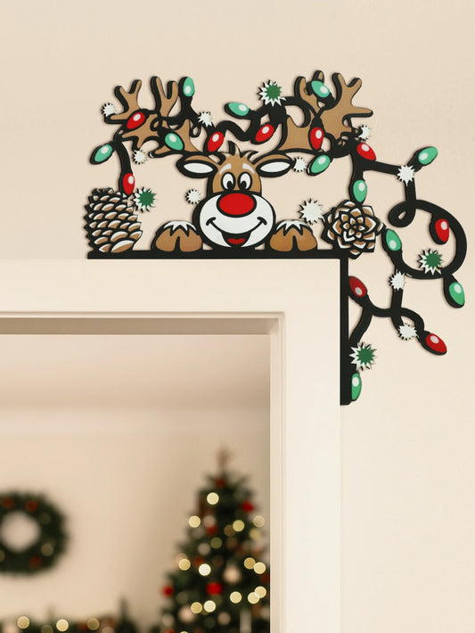 Christmas Reindeer Door Corner Decor, Wall Hanging Ornament with Pinecones Pattern, Festive Home Decoration for Xmas Door & Wall
