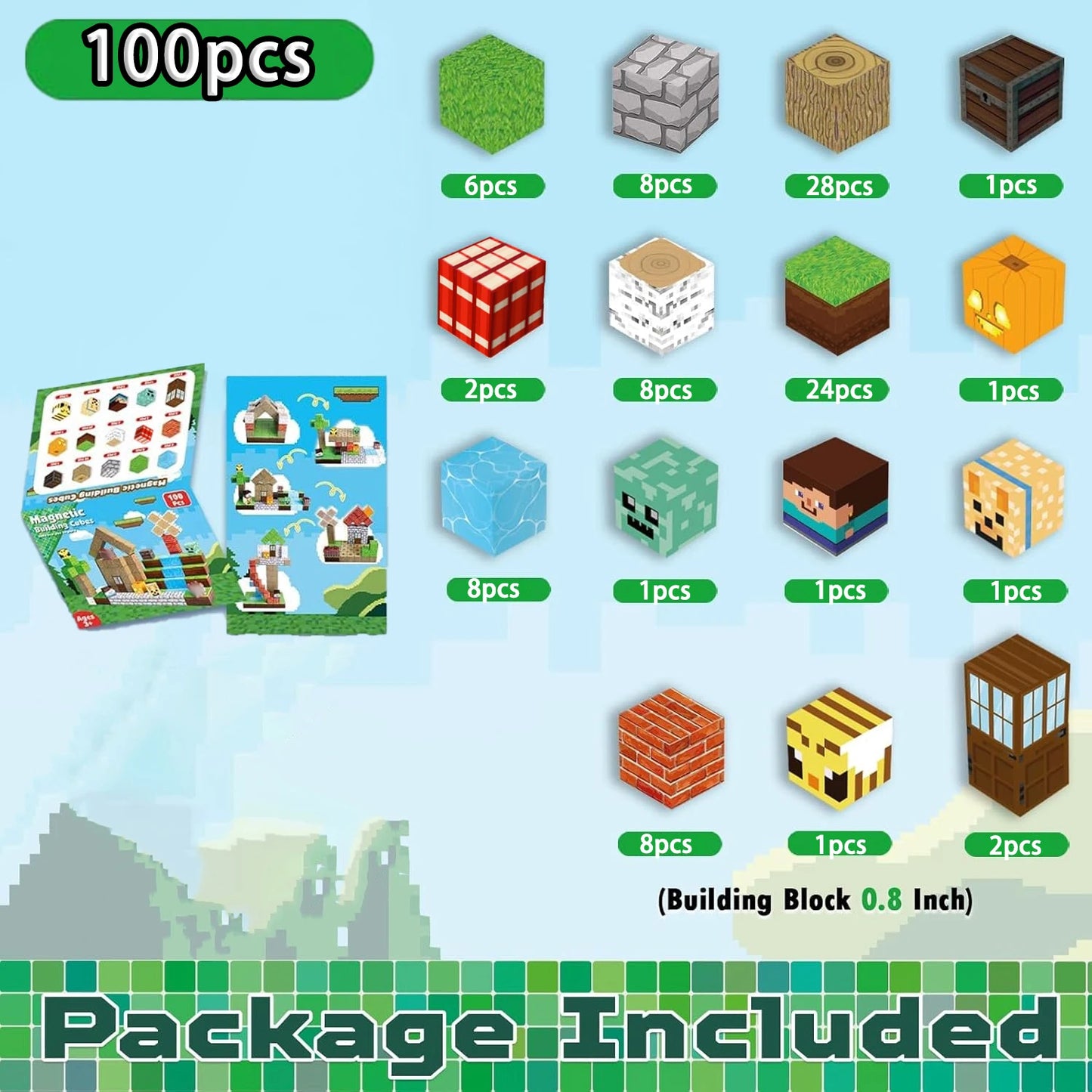 Pixel Mining Magnetic Forest House Cube Building Blocks Set, STEM Educational Sensory Toy, Best Gift for Kids 3+,100PCS