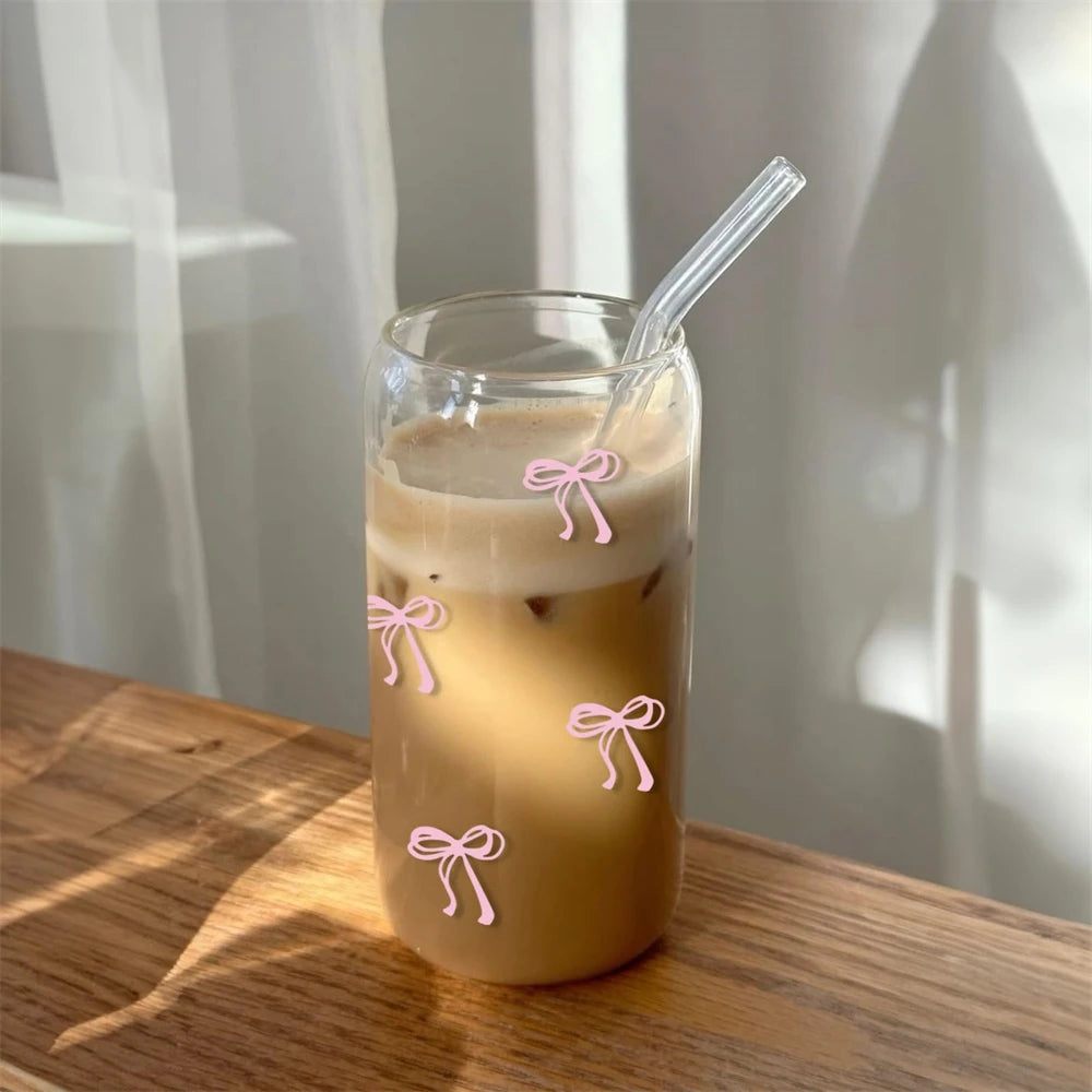 1pc Cute Bow Glass Cup 500ml Tumbler Mason Jar Shaped Bottle With Lids Straw Coffee Cups Party Gift for Iced Coffee Juice Cup
