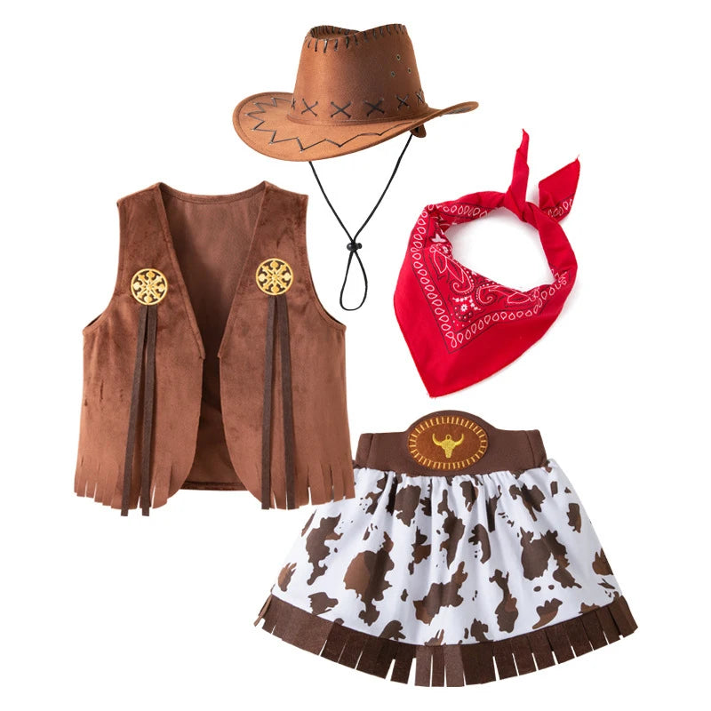 Kids Western Cowboy Costume Set Boys Girls Cow Print Fringe Vest Skirt Pants Outfit with Hat Bandana for Halloween Cosplay