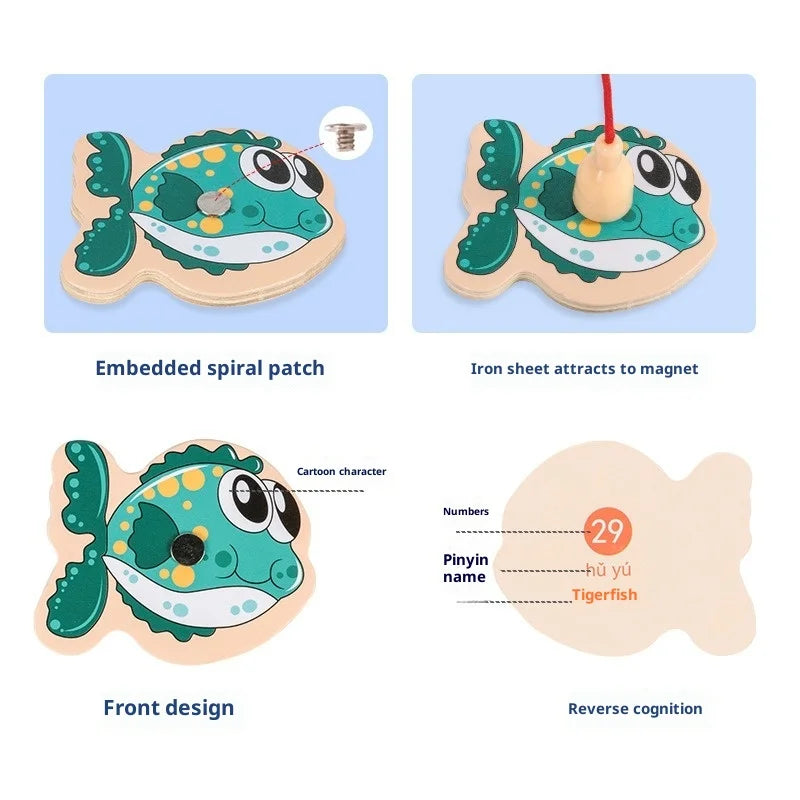 Wooden Magnetic Fishing Toy Set for Kids Montessori Educational Toy Marine Animal Game Toddler Learning Hand-Eye Coordination