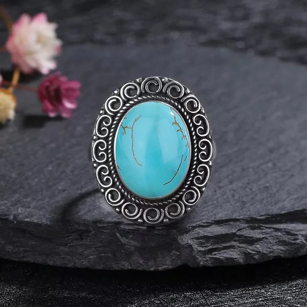 S925 Sterling Silver Ring Vintage Ring Gemstone Ring Silver Fine Jewelry Natural Turquoise Rings