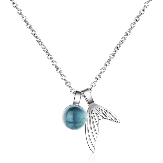 S925 Sterling Silver Women's Sapphire Bead Mermaid Tail Pendant Necklace (40cm+3.5cm) Luxury Jewelry