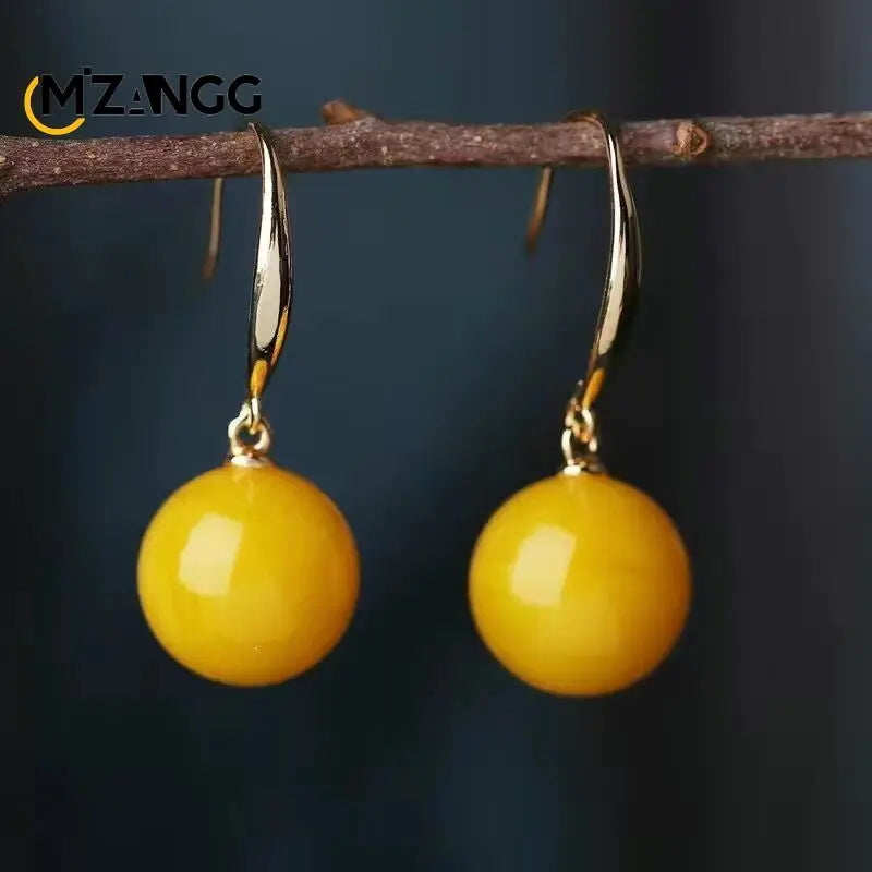 Natural Chicken Oil Yellow Beeswax Round Bead Earrings New S925 Silver Red Amber Eardrops Luxury Classic Women's Jewelry Mascots