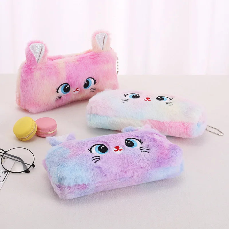 1/5/10PCs Plush Cartoon Pencil Case Cute Cat Pencil Pouch Large Capacity Pencil Bag Stationery for Girls Kids Back to School