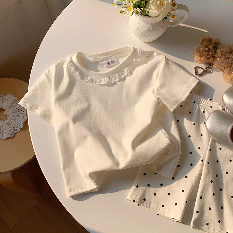 2-10T Cotton Summer Girls Top Infant T Shirt Toddler Kid Baby Clothes Short Sleeve Lace Tshirt Childrens Tee Outfit