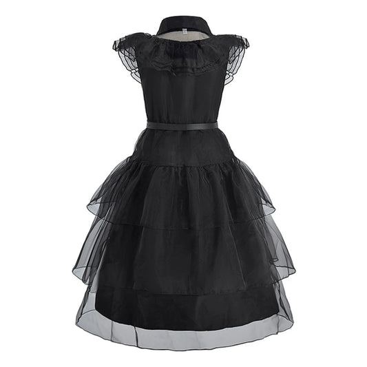 Girls Black Witch Princess Dress Costume – Gothic Halloween Gown, Heights 110–160 cm
