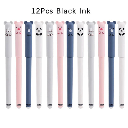 12pcs Animals Panda Erasable Gel Pen 0.5mm Blue Black Erasable Pen Refills Rods Washable Handle School Supplies Stationery