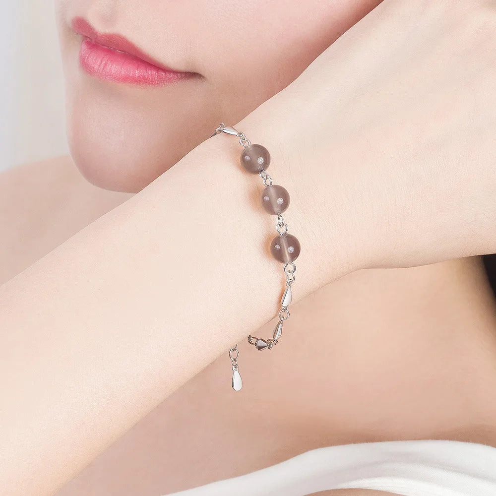 S925 Sterling Silver Bracelet Natural Gray Agate Crystal Bead Bracelet Engagement Party Jewelry Gift For Women