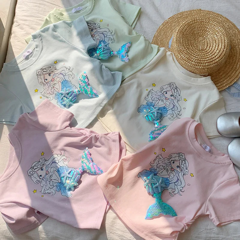 2-10T Mermaid Girls T Shirt Summer Toddler Kid Baby Clothes Short Sleeve Infant Princess Tee Top Loose Childrens Tshirt Outfit