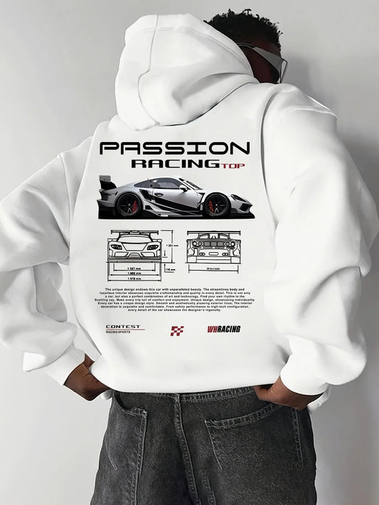 Popular digital pattern men's hooded sweatshirt with car-themed design, American-style casual sports long-sleeved shirt