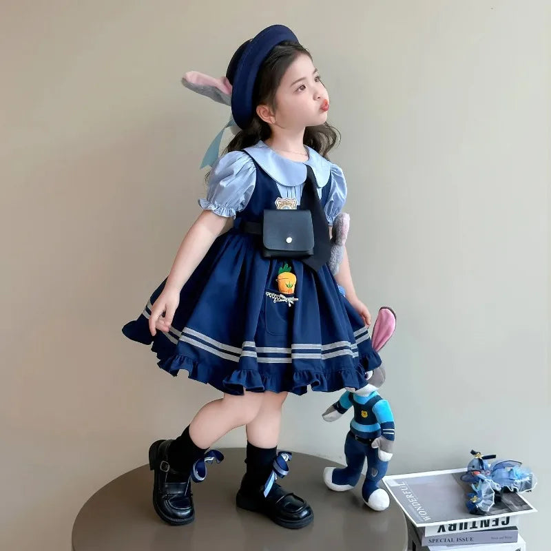 Judy Officer Costumes Short-Sleeved Lolita Dress Girls Halloween Carnival Zootopia Rabbit Cosplay Fancy Dress Birthday Gift