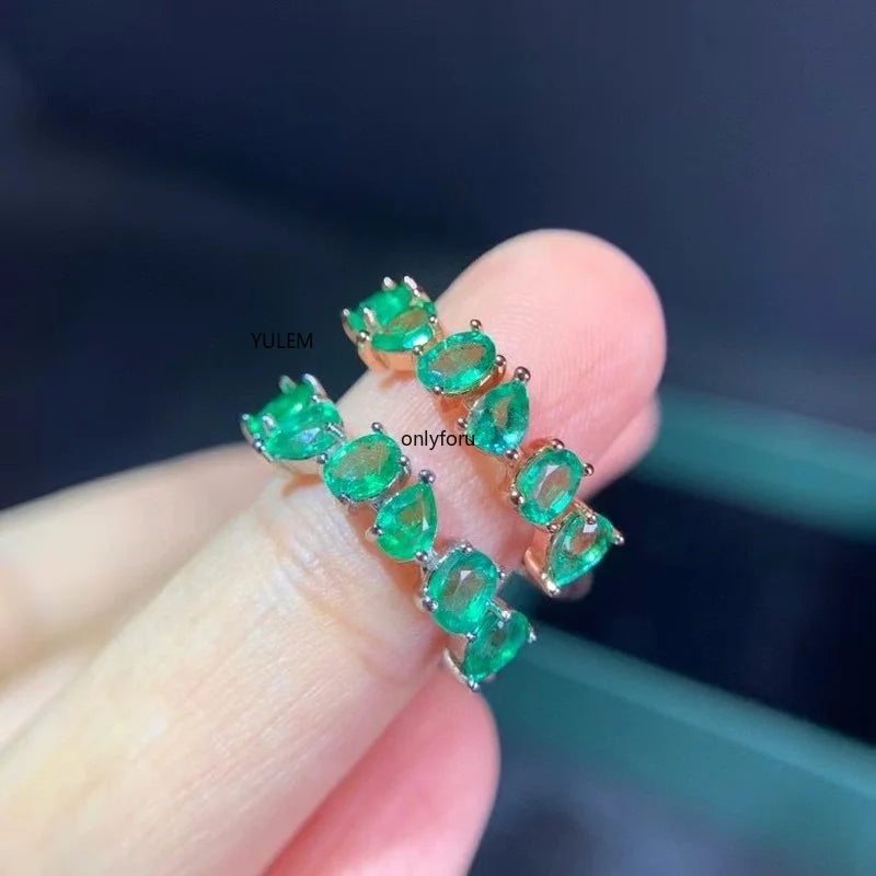 Natural Green Emerald Gem Ring S925 Silver Natural Gemstone Ring Elegant Wide Hollowing Grid Girl Women Party Gift Jewelry