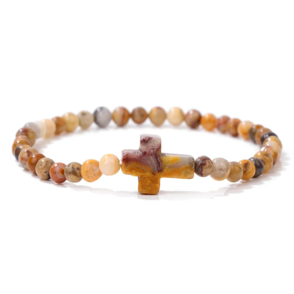 Trendy 4mm Beads Bracelet Stone Cross Charms Bracelet For Women Natural Gems Crystal Bangles Handmade Jewelry Men Yoga Prayer