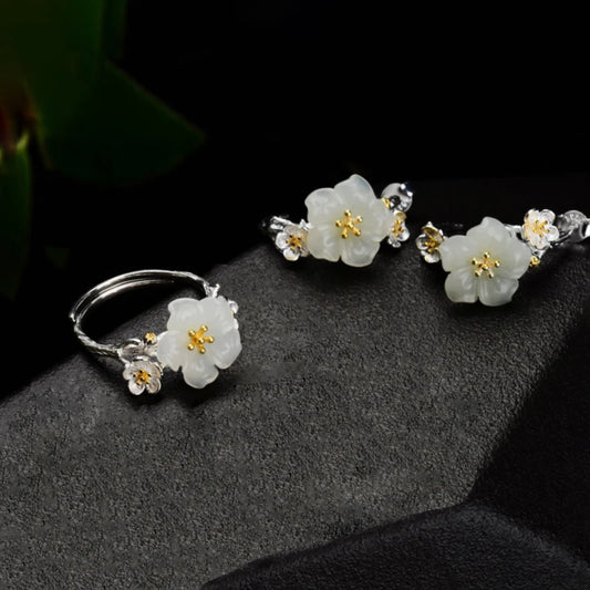 Natural Hotan Jade plum blossom jewelry sets Elegant and luxurious ring earrings for women S925 silver wedding accessories