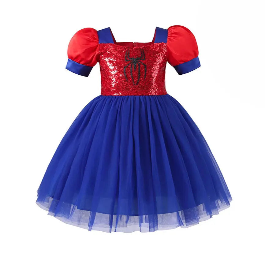 Girls Red Blue Tulle Puff Sleeve Dress With Spider Sequin Pattern Kids Superhero Cosplay Costume Halloween Party Fancy Outfit