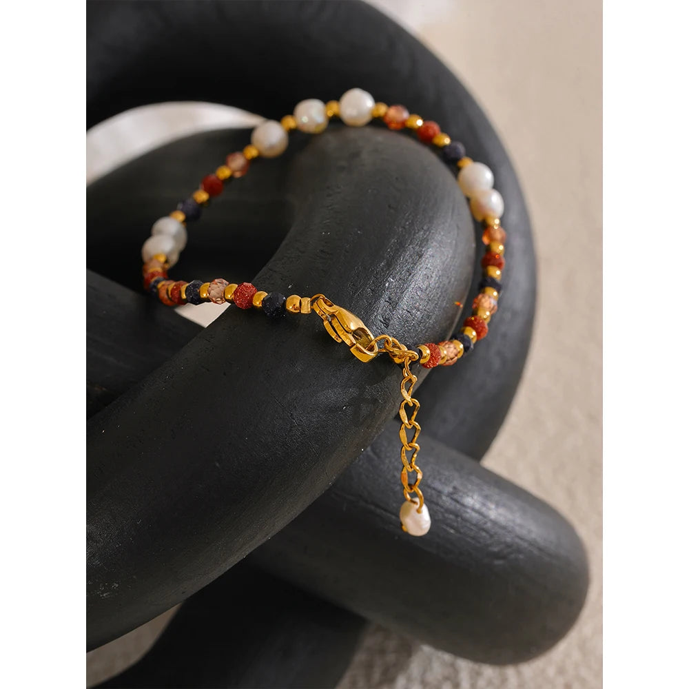 Yhpup Natural Stone Freshwater Pearl  Bead Chain Bling Bracelet Bangle Stainless Steel Handmade Fashion Waterproof Jewelry Women