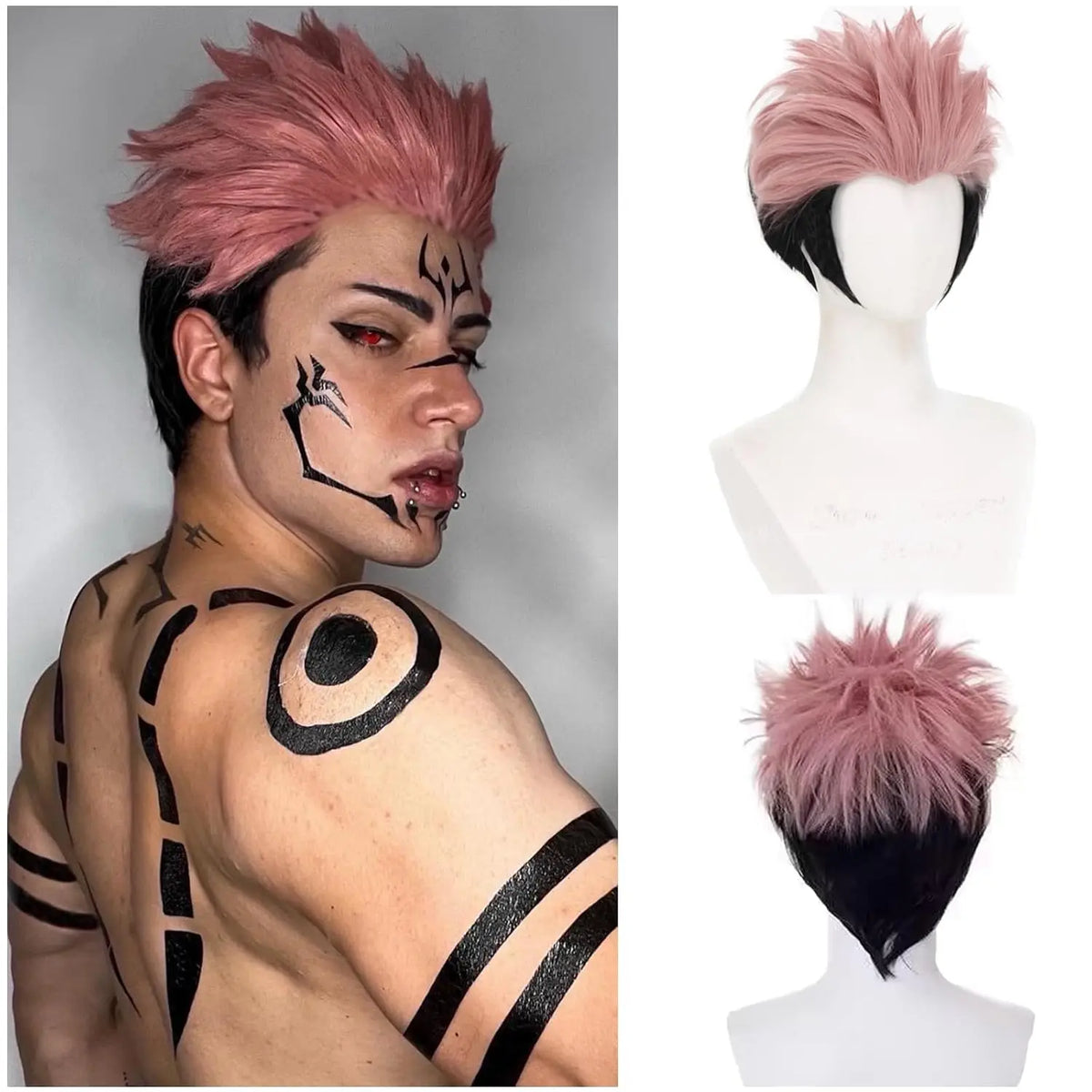 Ryomen Sukuna Wig Mens Pink Black Wig Boys Pink Anime Hair Heat Resistant Synthetic for Halloween Costume Cosplay