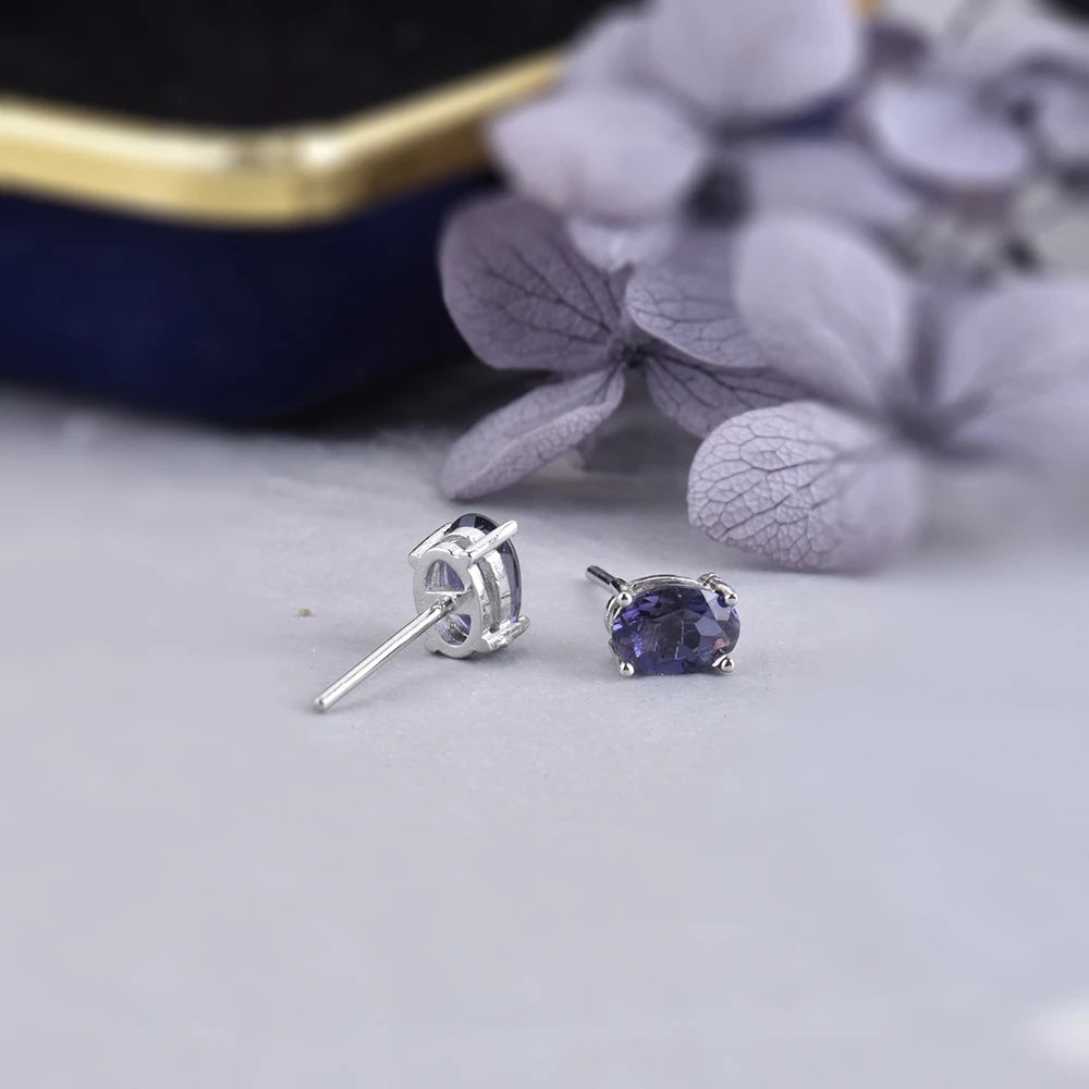 ITSMOS Iolite 6x4mm Natural Oval Shape Iolite Blue Gemstone White Gold Plated Stud Earrings Petite Studs Jewelry for Women